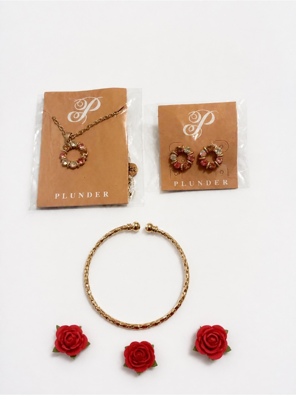 Plunder Gold-Tone Necklace, Bracelet & Red Floral Accents Set
